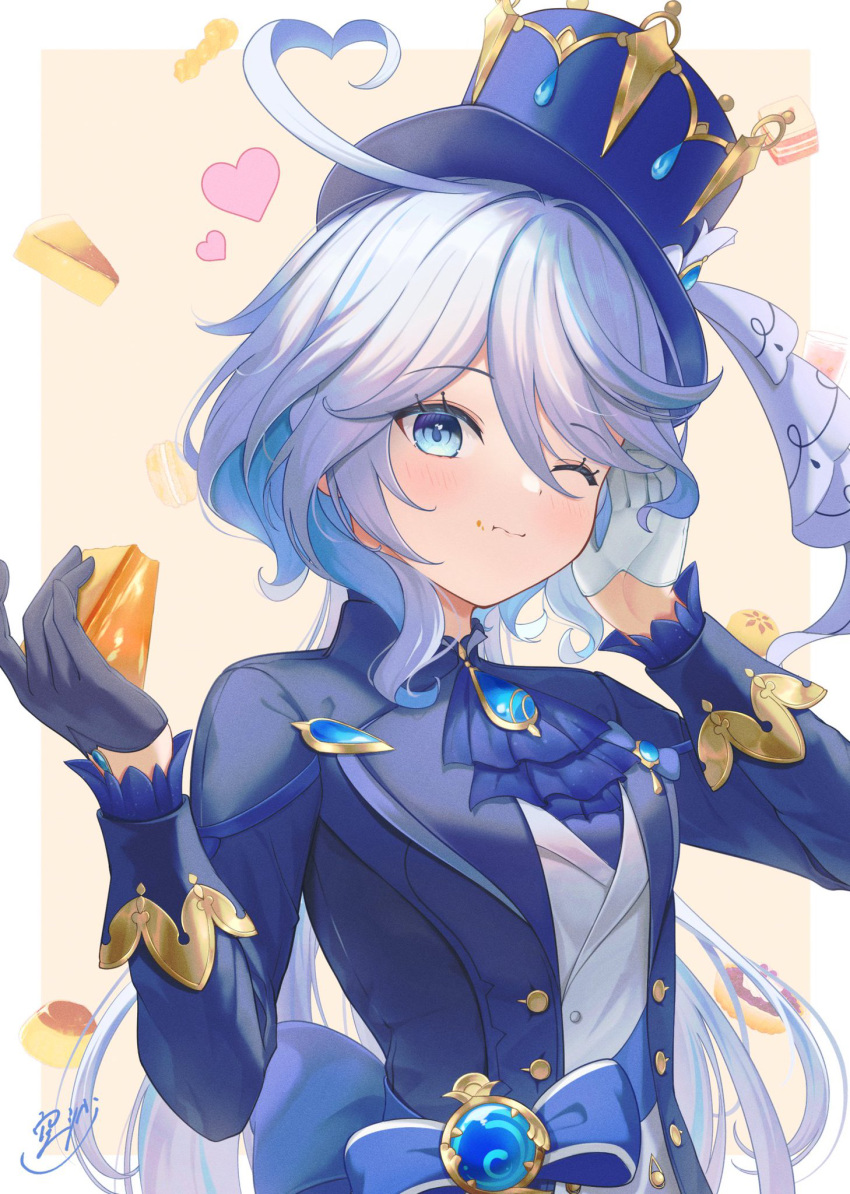 1girl, ;), ahoge, ascot, asymmetrical_gloves, black_gloves, blue_ascot, blue_eyes