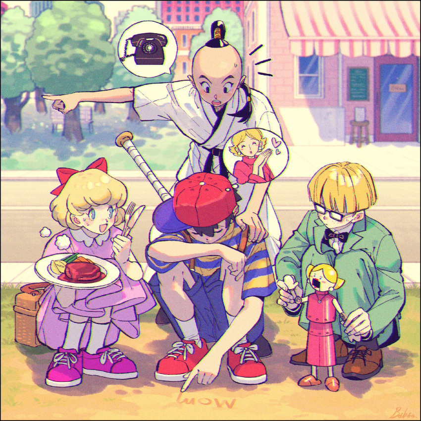 1girl, 3boys, baseball_bat, baseball_cap, black_border, black_bow, black_bowtie, blonde_hair, blue_eyes, border, bow, bowtie, building, closed_eyes, day, dougi, dress, food, fork, glasses, green_jacket, green_pants, hand_on_another's_shoulder, hat, heart, highres, holding, holding_plate, jacket, jeff_andonuts, kwsby_124, long_sleeves, mother_(game), mother_2, multiple_boys, ness's_mother, ness_(mother_2), opaque_glasses, open_mouth, outdoors, pants, paula_(mother_2), phone, pink_dress, pink_footwear, plate, pointing, poo_(mother_2), puppet, red_bow, red_headwear, shirt, shoes, short_sleeves, shorts, sideways_hat, signature, socks, squatting, steak, striped_clothes, striped_shirt, sweat, tree, white_socks