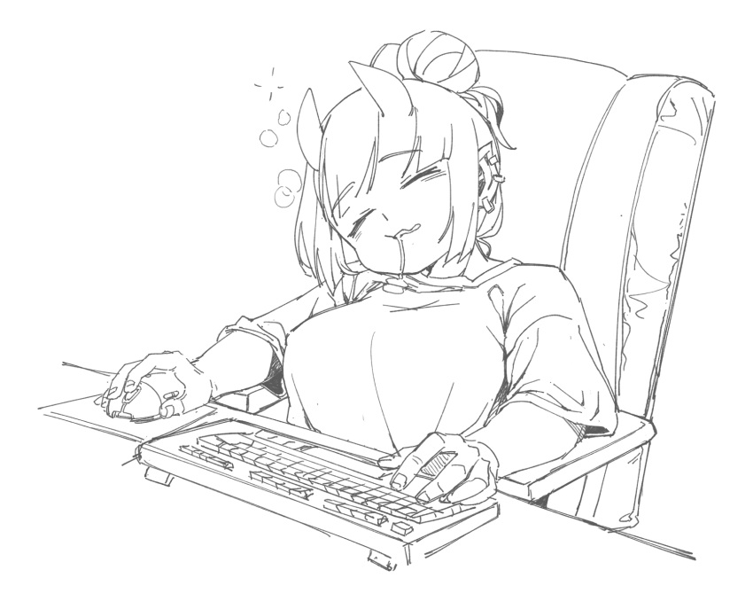 1girl, breasts, closed_eyes, drooling, earrings, fingernails, greyscale, hair_bun