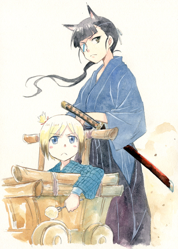 agahari, animal_ears, black_hair, blonde_hair, blue_eyes, blush, brown_eyes, erica_hartmann