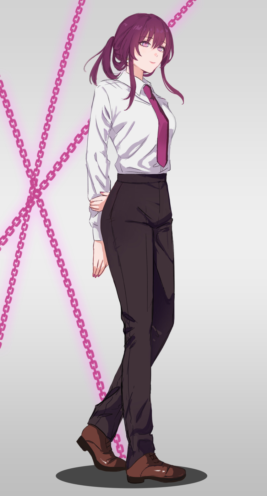 1girl, absurdres, arms_behind_back, artemis_(moonelysium), black_pants, brown_footwear, chain, chainsaw_man