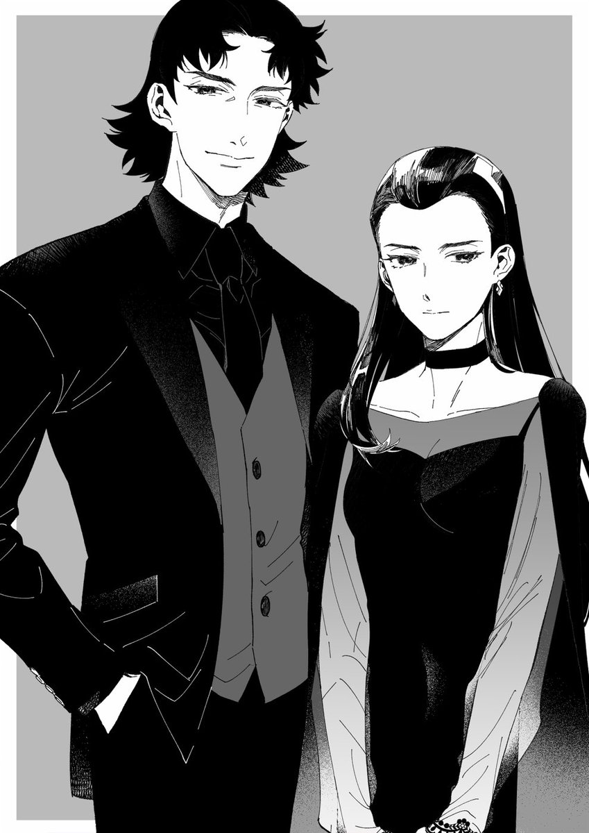 1boy, 1girl, black_choker, black_necktie, black_shirt, border, choker, earrings