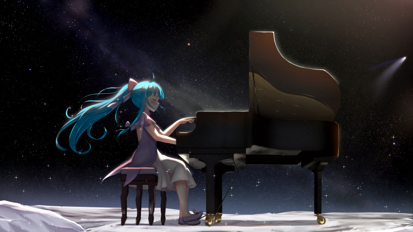 absurdres, blue_hair, closed_eyes, dress, galaxy, grand_piano, highres, indie_virtual_youtuber