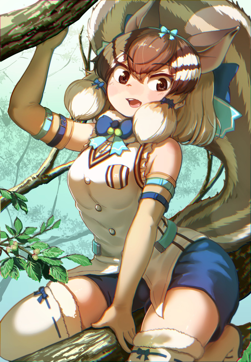 1girl, absurdres, animal_ears, boots, brown_eyes, brown_hair, chipmunk_ears, chipmunk_girl