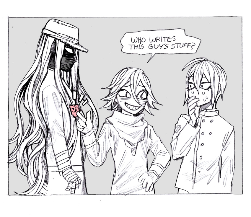 3boys, ahoge, border, chewing_gum, danganronpa_(series), danganronpa_v3:_killing_harmony, english_commentary, english_text