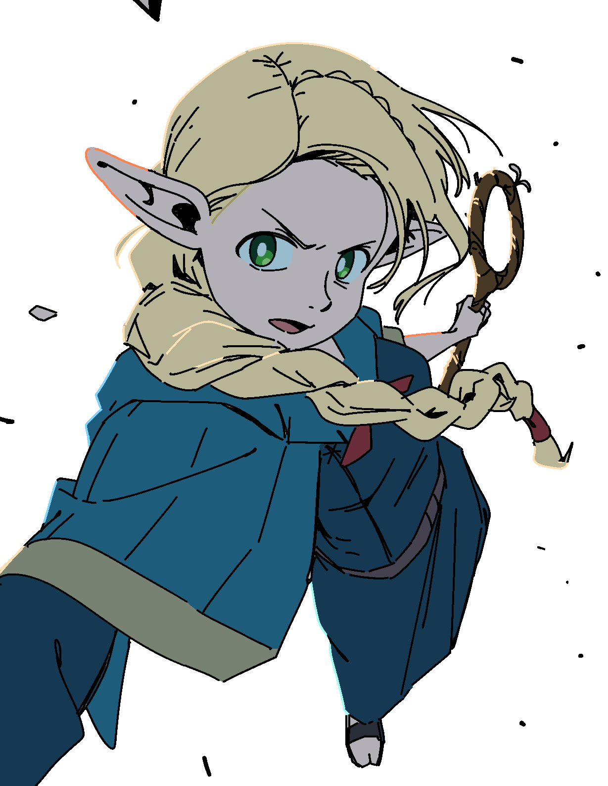 1girl, blonde_hair, blue_capelet, braid, capelet, dungeon_meshi, elf, highres
