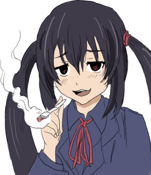1girl, black_hair, bust, drawfag, drugs, k-on!, long_hair, marijuana, nakano_azusa, smoking, solo, twintails, weed