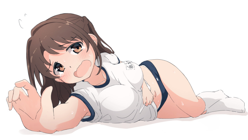 1girl, black_buruma, blush, brown_eyes, brown_hair, buruma, commentary_request, full_body, gym_uniform, highres, idolmaster, idolmaster_cinderella_girls, kuwahara, long_hair, looking_at_viewer, lying, navel, on_side, open_mouth, reaching, reaching_towards_viewer, shimamura_uzuki, shirt, solo, sweat, tears, thighs, white_background, white_shirt