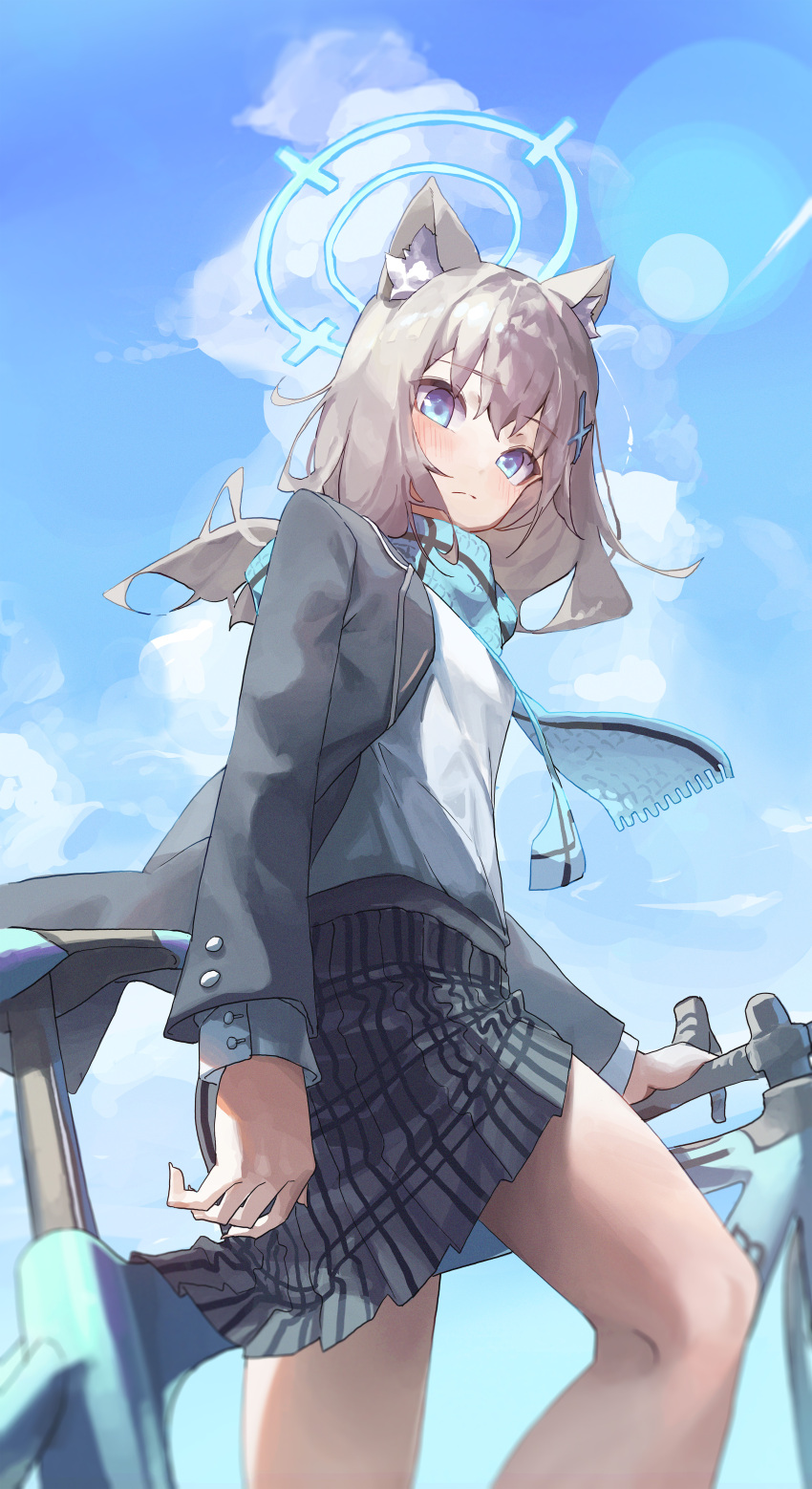 1girl, absurdres, animal_ear_fluff, animal_ears, bicycle, blue_archive, blue_eyes, blue_halo