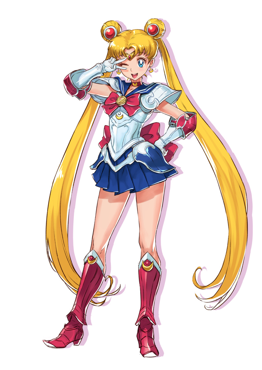 1girl, adapted_costume, armor, bishoujo_senshi_sailor_moon, blonde_hair, blue_skirt, boots, choker, collarbone, crescent, crescent_brooch, crescent_earrings, double_bun, earrings, hair_bun, hand_on_own_hip, highres, jewelry, long_hair, ninnin_(shishitou), one_eye_closed, red_choker, red_footwear, sailor_moon, shoulder_pads, simple_background, skirt, solo, twintails, v, very_long_hair, white_armor, white_background