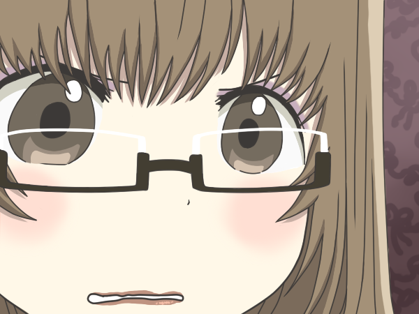 alternate_hairstyle, blush, brown_eyes, brown_hair, catherine, chibi, eyeliner, glasses