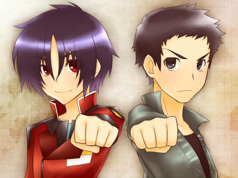 another_century's_episode, another_century's_episode:_r, another_century's_episode:_r, blue_hair, brown_eyes, brown_hair, crossover, gundam