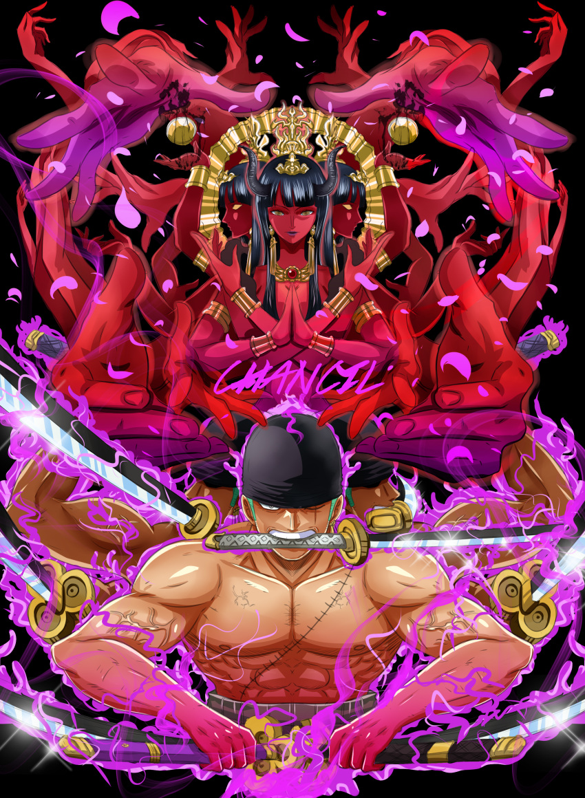 1boy, 1girl, abs, absurdres, artist_name, aura, bandana, black_background