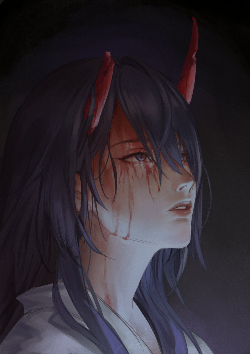 1girl, absurdres, acheron_(honkai:_star_rail), acheron_(izumo)_(honkai:_star_rail), blood, blood_on_face, broken_horn, hair_between_eyes, highres, honkai:_star_rail, honkai_(series), horns, japanese_clothes, kimono, kokotuo, long_hair, looking_up, mihoyo, open_mouth, parted_lips, purple_hair, red_horns, red_lips, solo, violet_eyes