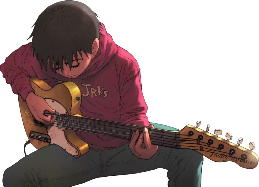 1boy, beck, black_hair, electric_guitar, extraction, fender_telecaster, green_pants, guitar