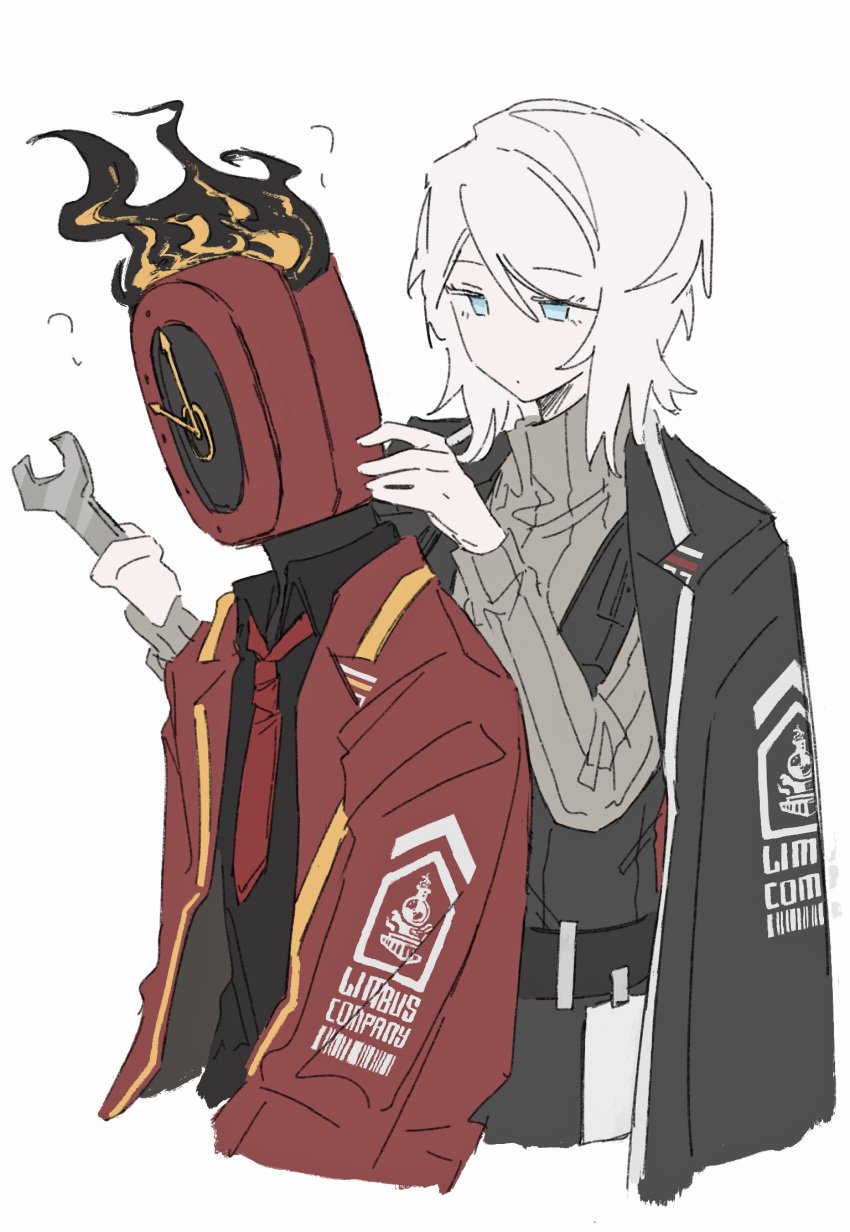 1girl, 1other, ?, black_shirt, blue_eyes, clock, closed_mouth, coat
