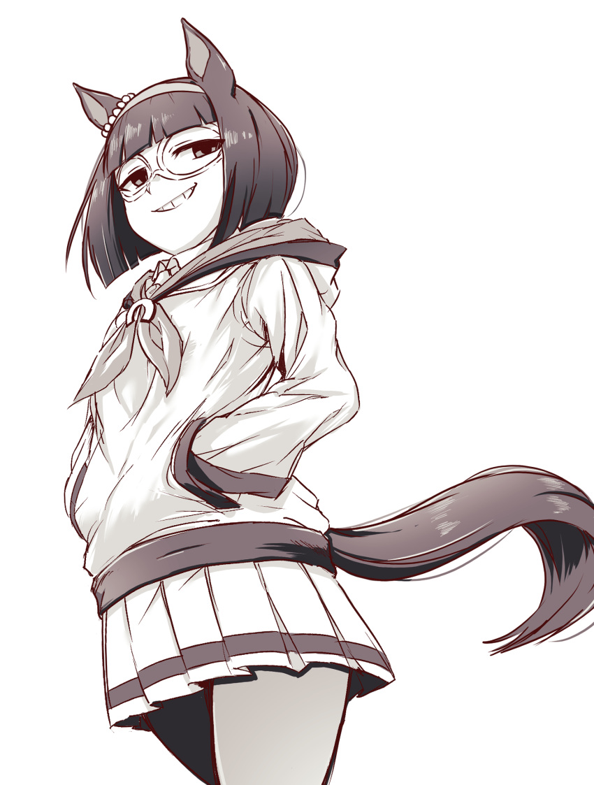 1girl, animal_ears, cowboy_shot, domino_mask, enomori_neko, greyscale, grin, hairband