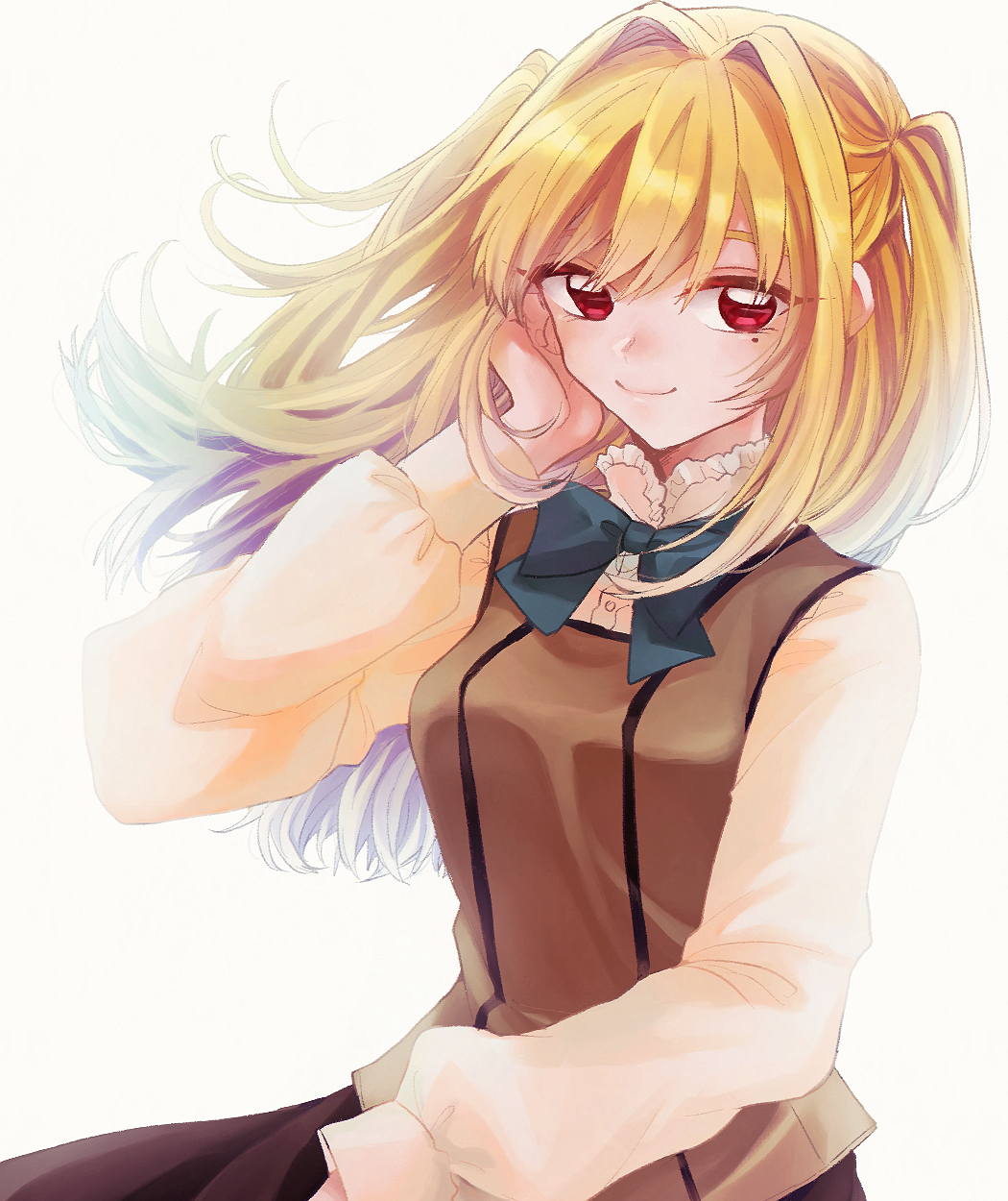 1boy, ame_no_kisaki_academy_school_uniform, androgynous, backlighting, black_skirt, blonde_hair, blouse, blue_bow