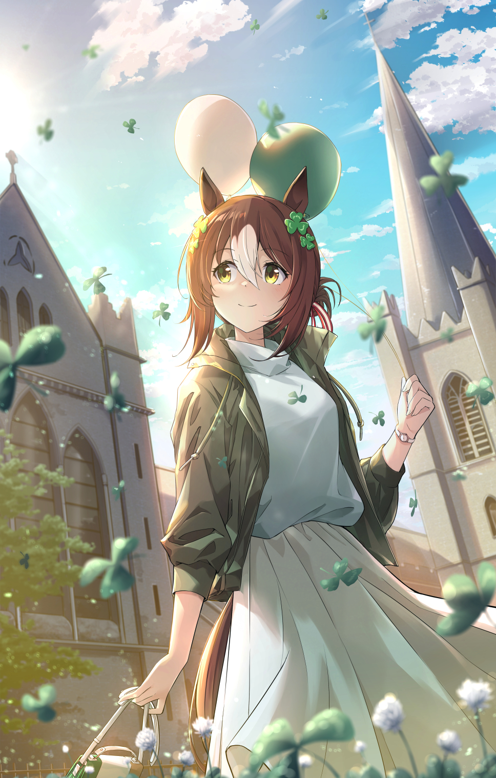 1girl, animal_ears, blue_sky, brown_hair, church, clouds, clover, clover_(flower)