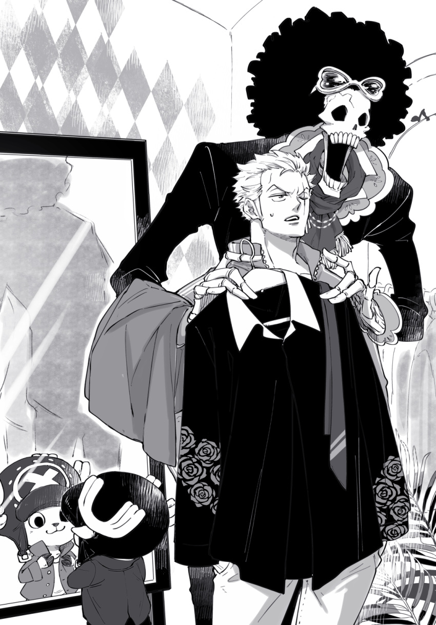 3boys, adjusting_clothes, afro, antlers, brook_(one_piece), chabo_(niwatori_bosori), clothes_hanger, commentary_request