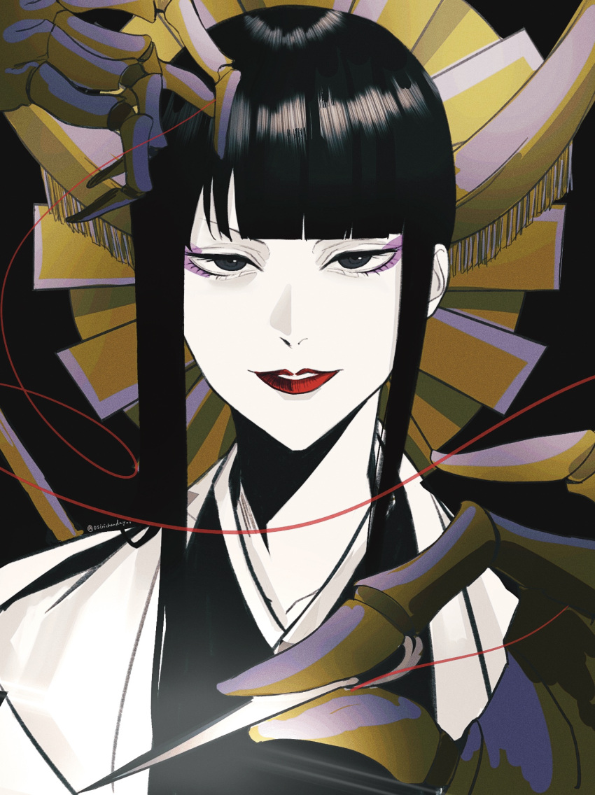 1girl, black_background, black_hair, black_kimono, bleach, bleach:_sennen_kessen-hen, blunt_bangs, eyeshadow, gold_headwear, grey_eyes, hair_ornament, haori, highres, holding_sewing_needle, japanese_clothes, kimono, long_hair, looking_at_viewer, makeup, mechanical_arms, needle, osirichandayoo, pale_skin, purple_eyeshadow, red_lips, shihakusho, shinigami, shutara_senjumaru, simple_background, skeletal_arm, smile, solo, string, string_of_fate, taichou_haori, thread, twitter_username, white_haori