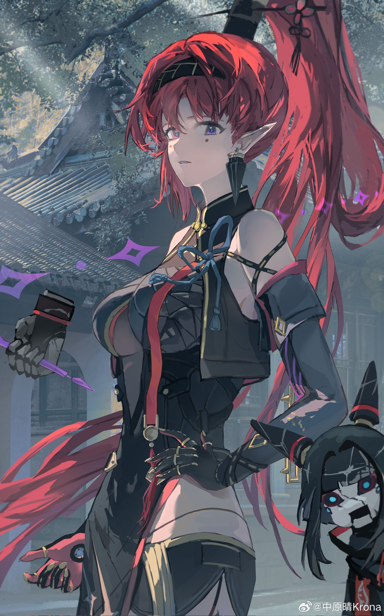 arm_strap, armband, bare_shoulders, black_armband, black_gloves, doll, earrings, gloves