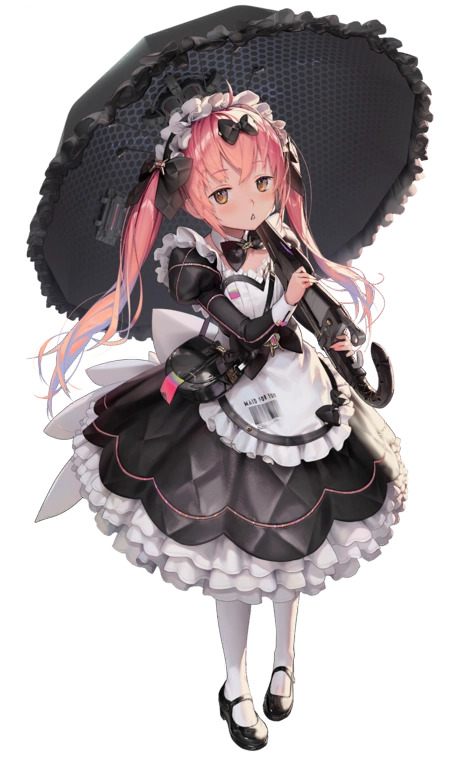 1girl, :<, apron, blush, bow, cocoa_(nikke), commentary_request, full_body