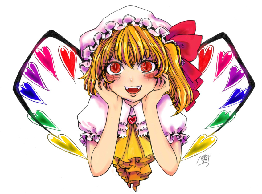 1girl, ascot, blonde_hair, blush, cropped_torso, fangs, flandre_scarlet, frilled_shirt_collar