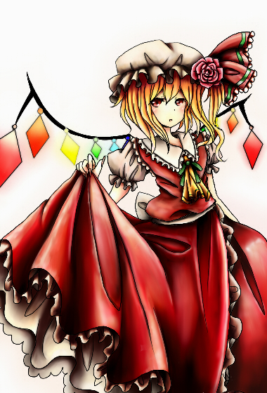 1girl, ascot, back_bow, blonde_hair, bow, collared_shirt, cowboy_shot, flandre_scarlet