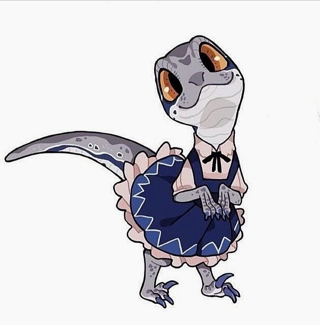 blue_(jurassic_world), dinosaur, jurassic_world, maid_dress, velociraptor, yellow_eyes