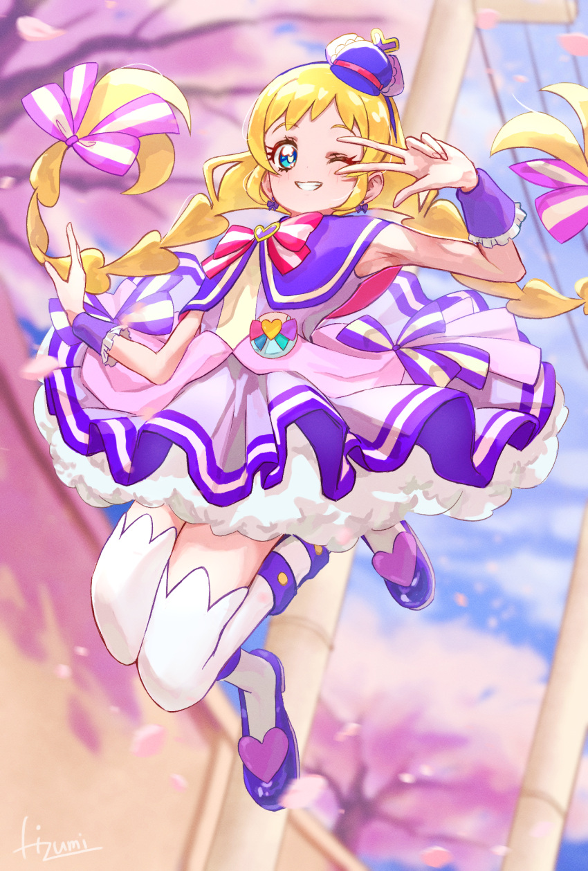 1girl, blonde_hair, blue_eyes, bow, bow_earrings, braid, brooch, capelet