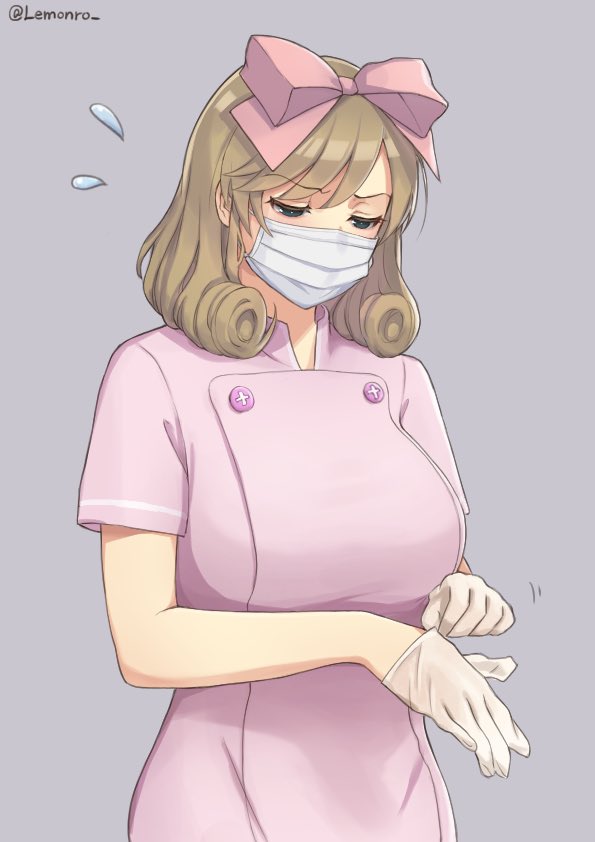 1girl, alternate_costume, artist_name, blush, bow, breasts, buttons, covered_mouth