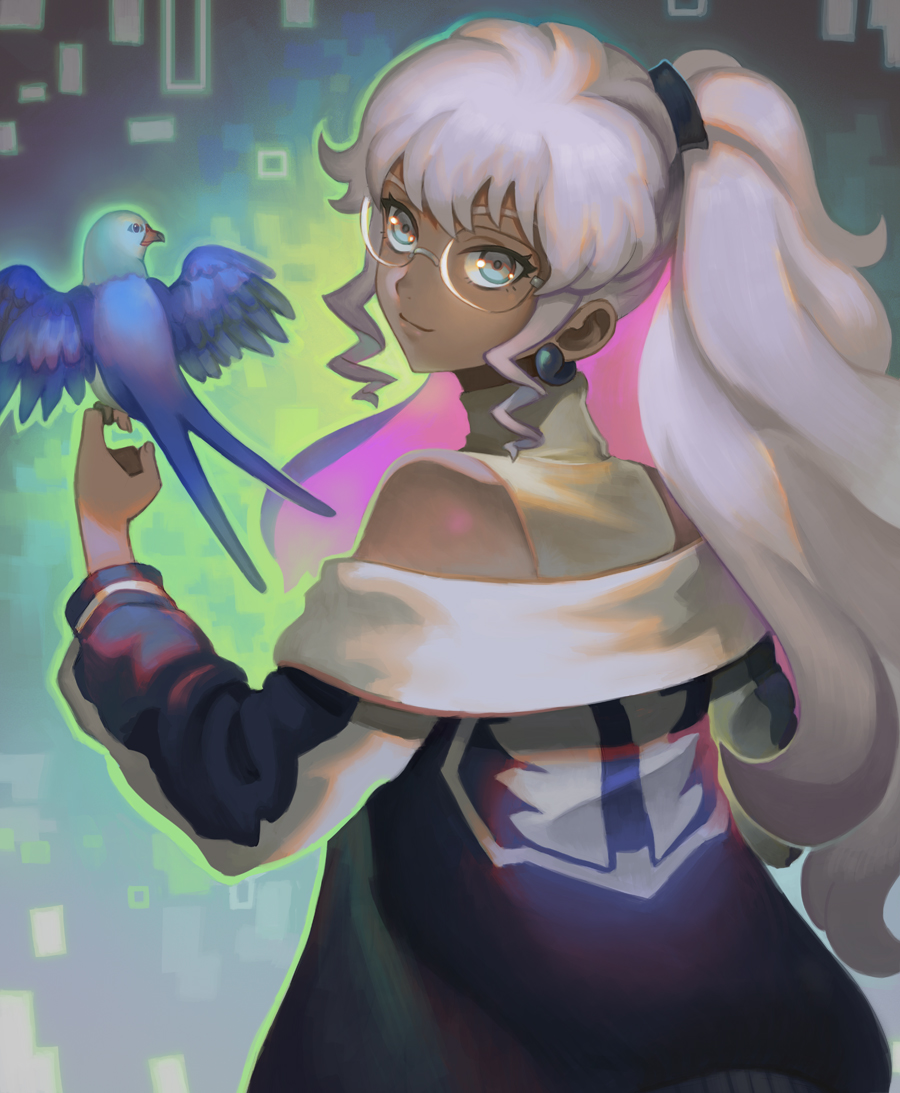 1girl, bare_shoulders, bird, bird_on_hand, black_jacket, blue_bird, blue_eyes, closed_mouth, colored_inner_hair, drill_hair, drill_sidelocks, earrings, from_behind, glasses, green_background, grey_hair, jacket, jewelry, long_hair, long_sleeves, looking_at_viewer, looking_back, metallic_rouge, multicolored_clothes, multicolored_hair, multicolored_jacket, naomi_orthmann, off_shoulder, pink_hair, ponytail, shirt, sidelocks, sleeveless, sleeveless_shirt, smile, solo, turtleneck_shirt, two-tone_jacket, very_long_hair, visqi, white_jacket