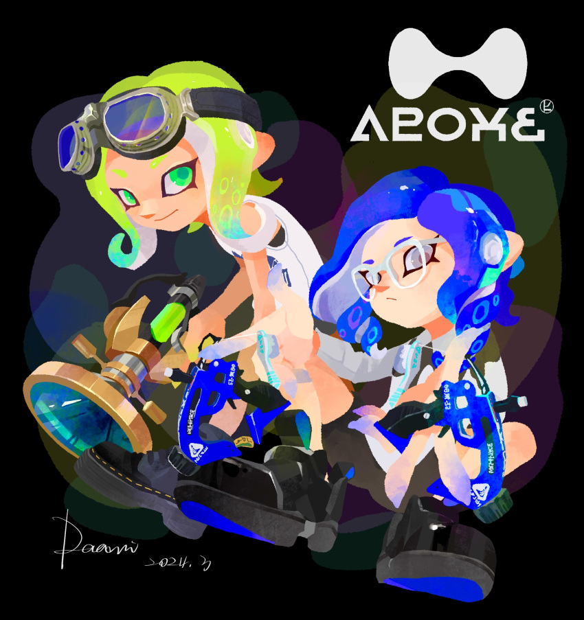 2girls, absurdres, artist_name, black_footwear, blue_hair, closed_mouth, commentary, daami_(daami2000)
