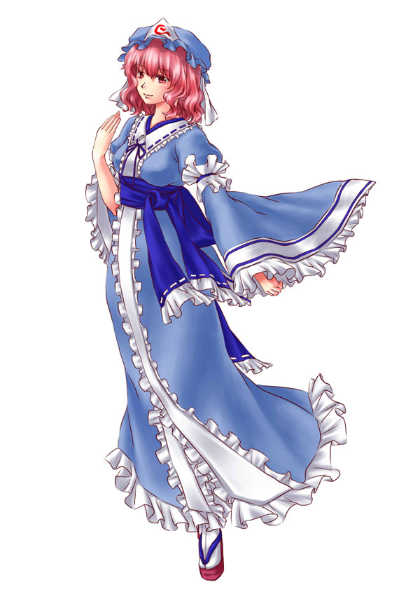 hat, japanese_clothes, levant., long_sleeves, pink_eyes, pink_hair, saigyouji_yuyuko, sandals