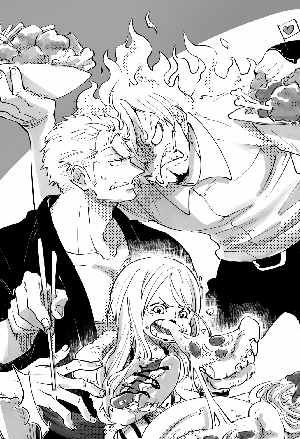 1girl, 3boys, angry, anti-eyebrow_piercing, belt, chabo_(niwatori_bosori), chopsticks, cigarette