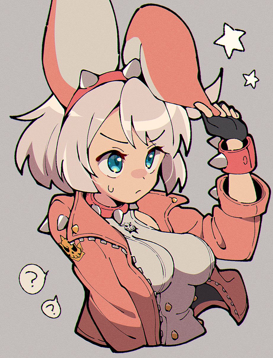 1girl, ?, animal_ears, black_gloves, bracelet, breasts, closed_mouth, collar