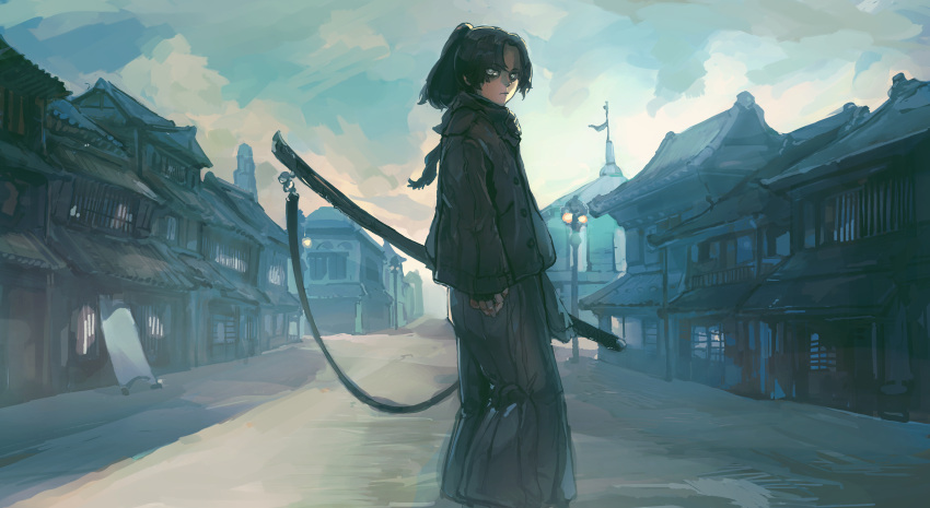 absurdres, architecture, black_hakama, black_jacket, brown_jacket, buttons, character_request, closed_mouth