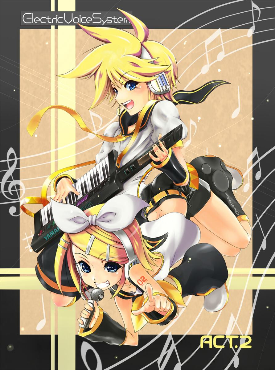 blue_eyes, brother_and_sister, grin, hair_ornament, hair_ribbon, hairclip, headphones, headset