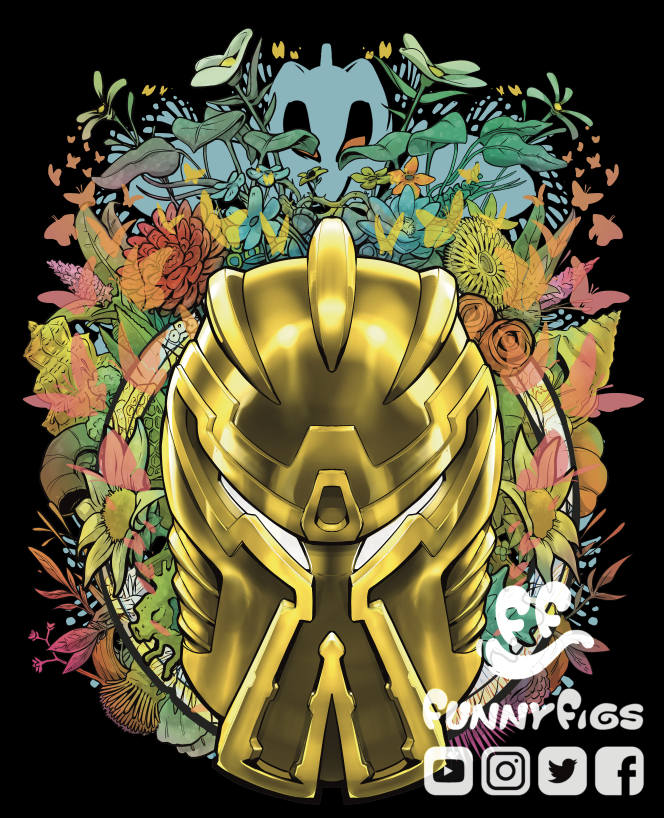 artist_name, bionicle, black_background, facebook_logo, flower, funnyfigs, green_flower, instagram_logo, kanohi_(bionicle), leaf, mask, mata_nui_(toa)_(bionicle), matoro_(bionicle), no_humans, red_flower, shell, silhouette, the_lego_group, twitter_logo, youtube_logo