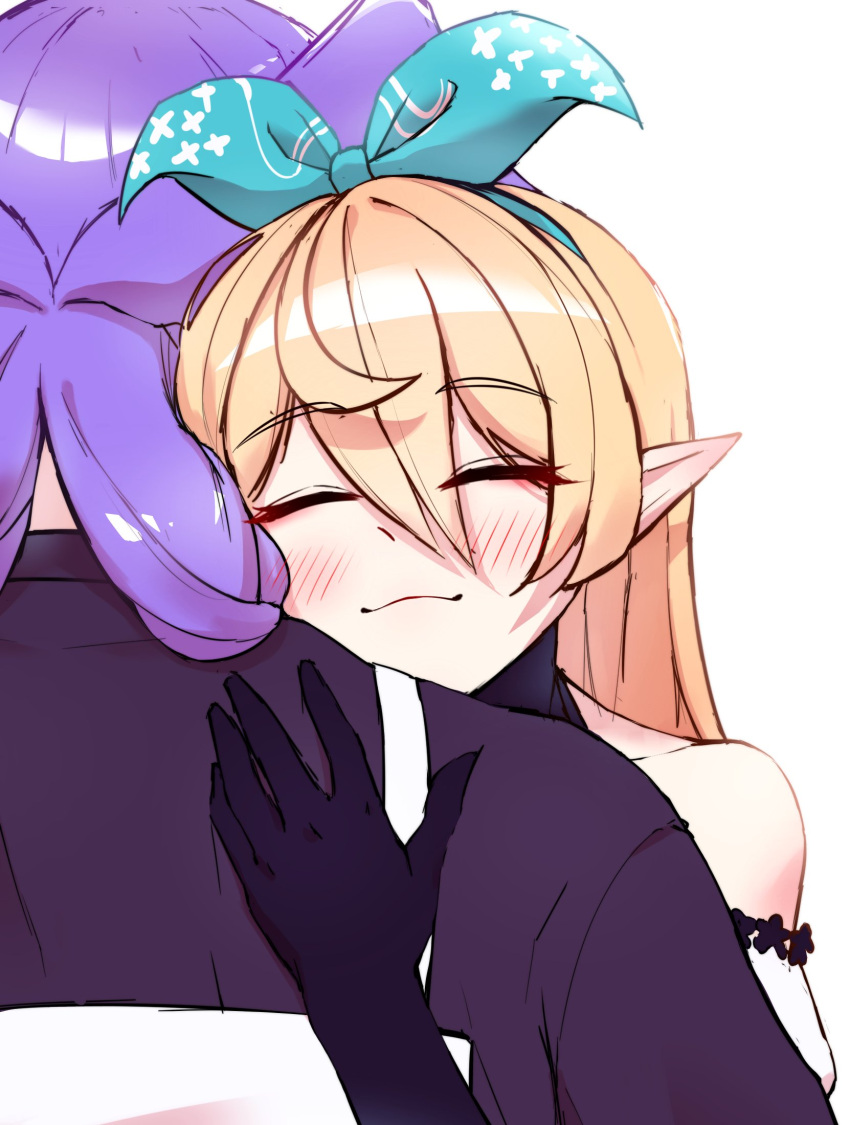 2girls, blonde_hair, blush, braid, cgator, closed_eyes, dragon_girl, fairy