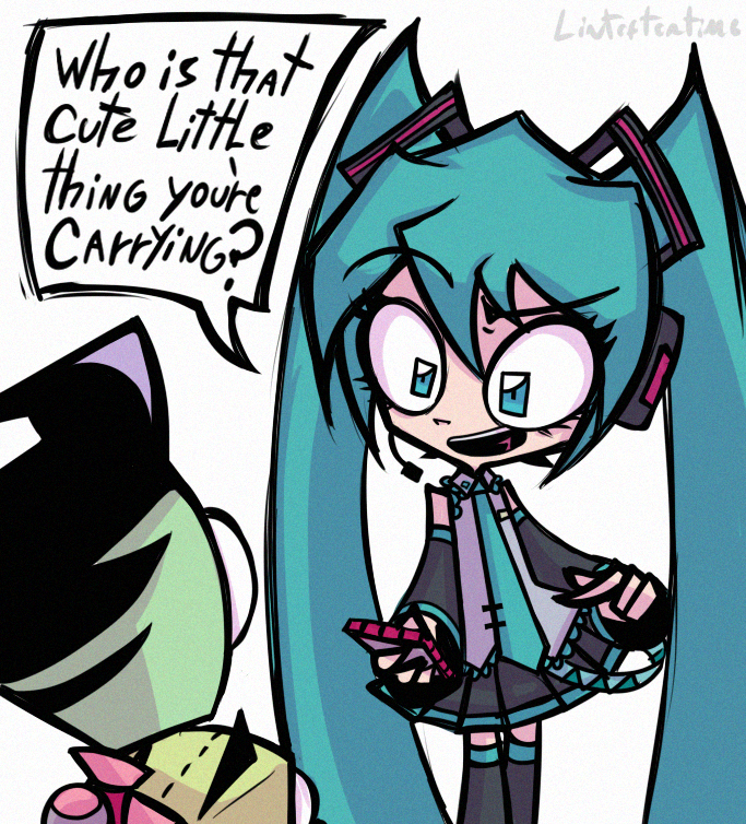 1girl, 2boys, alien, aqua_eyes, aqua_hair, aqua_necktie, crossover, detached_sleeves