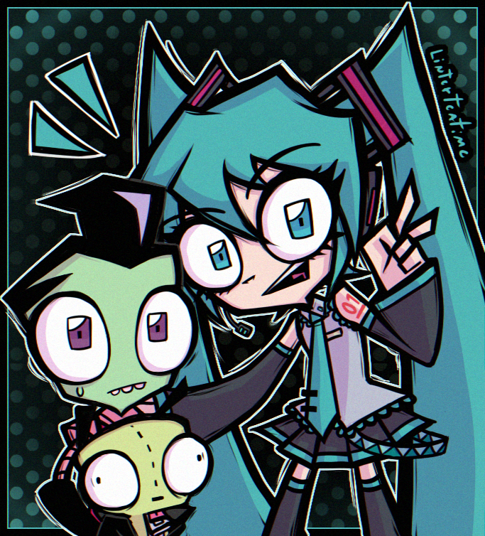 1girl, 2boys, alien, aqua_eyes, aqua_hair, aqua_necktie, crossover, detached_sleeves