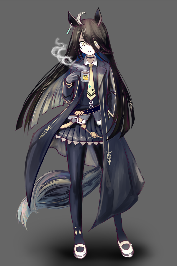 1girl, ahoge, animal_ears, black_gloves, black_hair, black_jacket, black_pantyhose, black_shirt