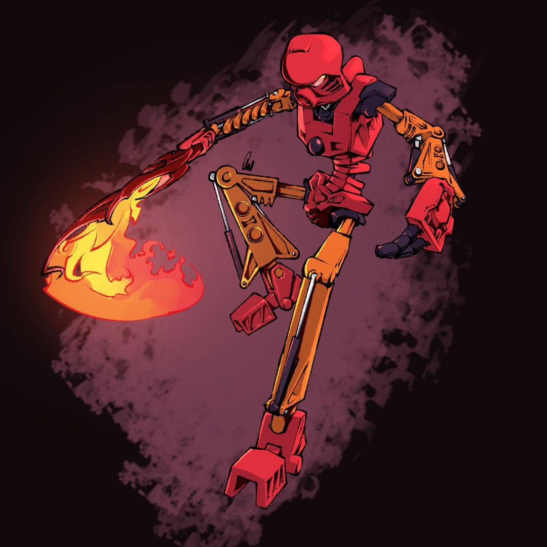 bionicle, english_commentary, flaming_sword, flaming_weapon, holding, holding_sword, holding_weapon, humanoid_robot