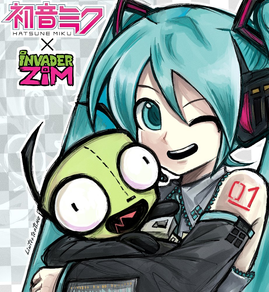 1boy, 1girl, alien, aqua_eyes, aqua_hair, crossover, detached_sleeves, gir_(invader_zim)