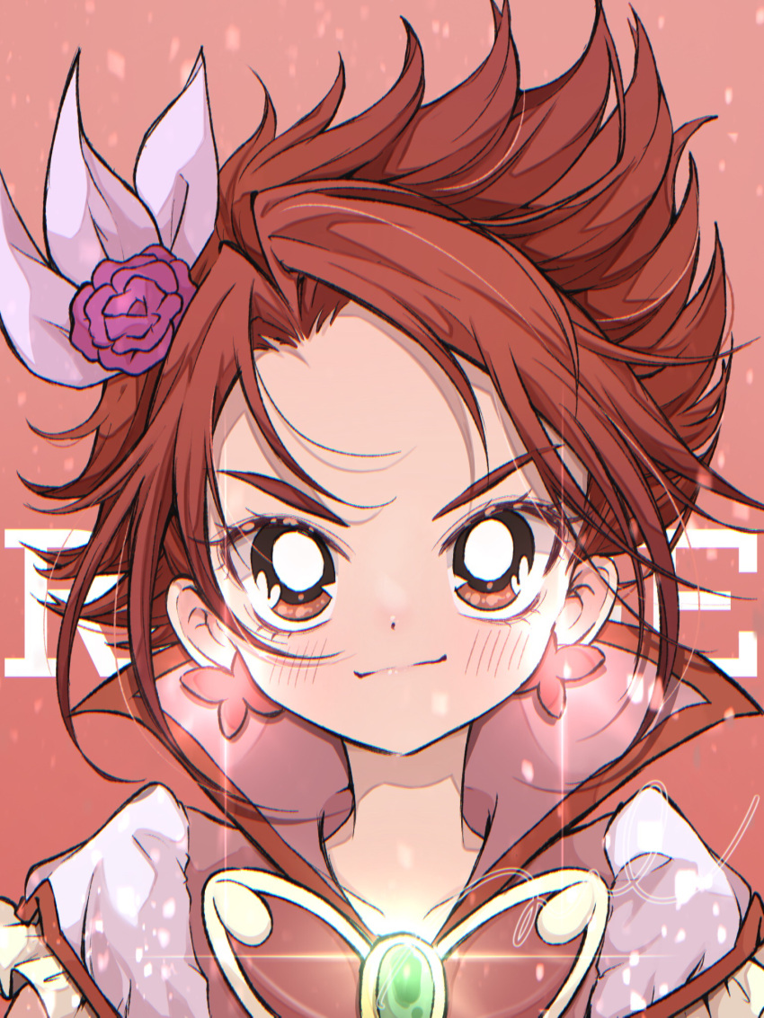 1girl, bow, butterfly_brooch, character_name, closed_mouth, cure_rouge, curtained_hair, dot_nose, earrings, flower, hair_bow, hair_flower, hair_ornament, highres, itou_ikuko_(style), jewelry, looking_at_viewer, mrh_maruhi, natsuki_rin, parted_bangs, pink_bow, pink_flower, pink_rose, popped_collar, precure, red_background, red_eyes, redhead, rose, short_hair, simple_background, smile, solo, spiky_hair, upper_body, yes!_precure_5, yes!_precure_5_gogo!