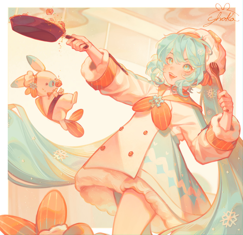 1girl, absurdres, blue_eyes, blue_hair, chef, chef_hat, food, fried_rice