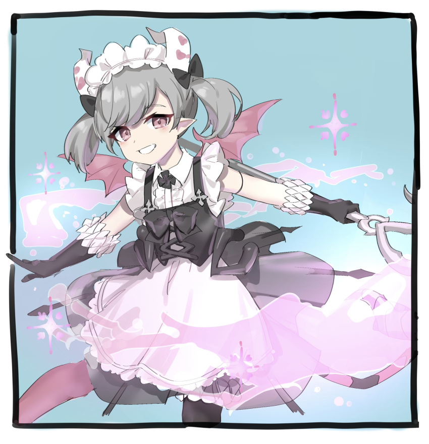 1girl, apron, arianne_the_labrynth_servant, black_dress, black_gloves, blue_background, bow, demon_girl