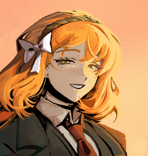 1girl, black_coat, black_vest, bow, brown_hairband, coat, collared_shirt, green_eyes, hair_bow, hairband, half-closed_eyes, ishmael_(project_moon), limbus_company, long_hair, looking_at_viewer, maipll_two, necktie, orange_hair, parted_lips, project_moon, red_necktie, rope, shirt, sidelocks, simple_background, solo, very_long_hair, vest, white_bow, white_shirt